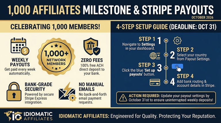 1,000 Affiliates Strong! Upgrading Your Payouts with Instant Weekly Direct Deposit